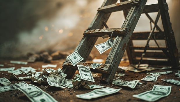 Money lies scattered around a worn wooden ladder in a dilapidated space during an uncertain moment of economic struggle photo