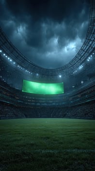 Empty stadium under cloudy sky waiting for night match with illuminated pitch and large screen ready for action photo