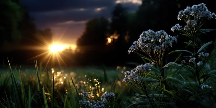 Sunset over a meadow with blooming flowers and a sparkling glow in the evening sky photo