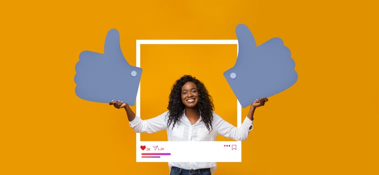 A cheerful influencer holds large thumbs up signs in front of a bright yellow background, representing social media engagement. She displays excitement about her online content and connections. photo