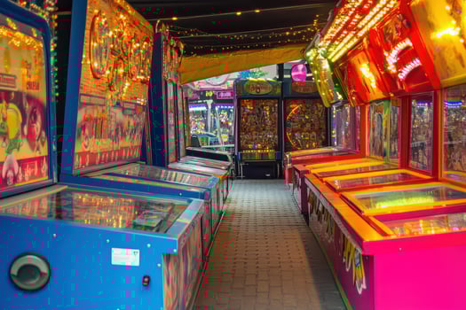 Colorful arcade games in lively amusement center photo