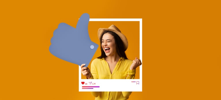 A confident influencer celebrates her content success with a thumbs up. photo
