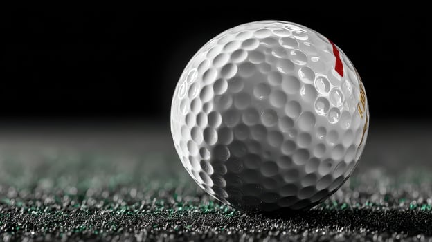 Golf ball resting on a putting green in a dimly lit setting with a focus on texture and detail photo