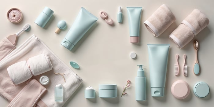 Beauty and skincare products arranged neatly in pastel colors on a soft surface photo