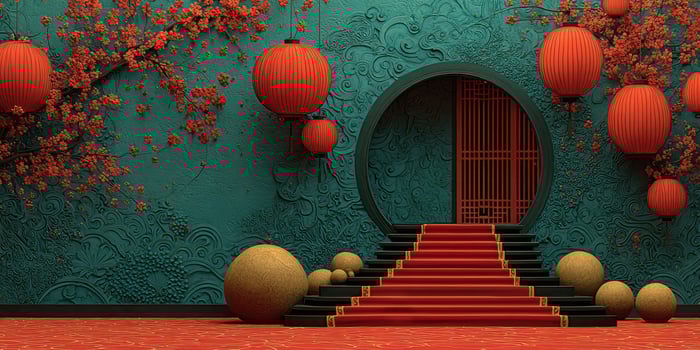 Vibrant red lanterns and textured wall in a traditional setting with decorative steps and floral accents photo