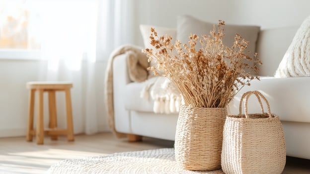Modern living room with decorative dried flowers in woven baskets and a cozy atmosphere during the daytime photo