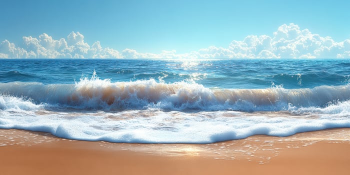 Waves crashing gently on the golden sand of a serene beach under a clear blue sky during mid-afternoon photo