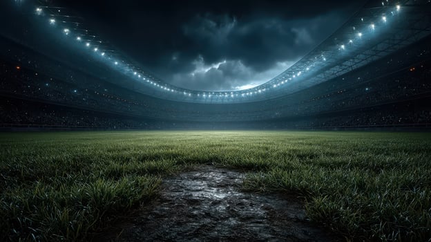 Stadium field under dramatic lighting surrounded by dark clouds before an intense sports event photo