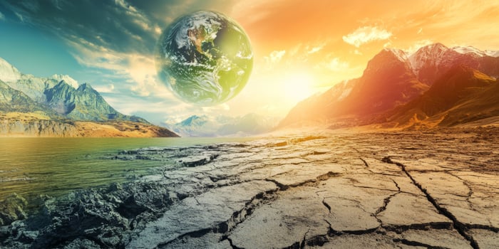 Surreal landscape with a giant planet over a cracked earth and a serene lake at sunset photo