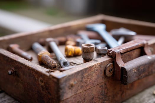 Tools neatly arranged in a weathered wooden box highlight the art of craftsmanship outdoors photo