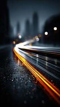 Glowing light trails reflect on wet city streets under urban skyline at night photo