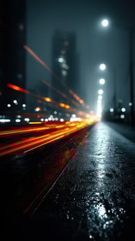 City street at night showcasing vibrant light trails and wet pavement under streetlamps photo