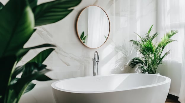 Elegant modern bathroom featuring a freestanding bathtub and indoor plants in a well-lit space photo