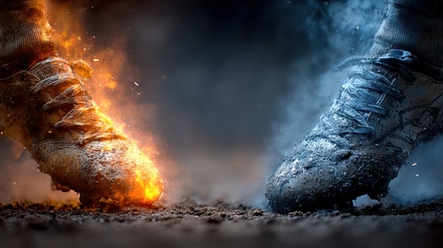 Dynamic footwear represents contrasting elements of fire and ice in a visually captivating composition photo