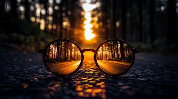 Sunglasses reflect a picturesque sunset over a forest road in a serene natural setting photo