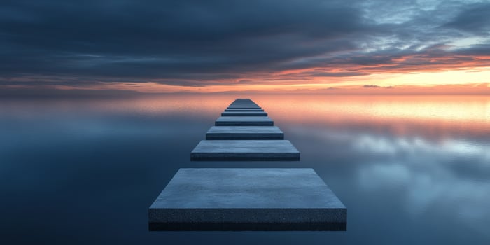 Pathway leads across tranquil water towards a stunning sunset horizon with dramatic clouds photo