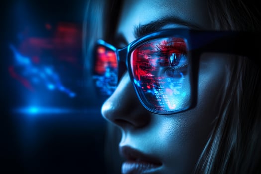 Glowing futuristic technology reflects in glasses of a focused young woman deep in analysis at night photo