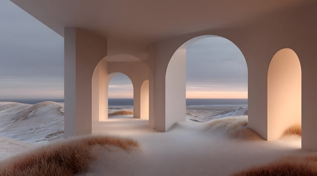 Elegant, arched interior space overlooking a landscape. photo