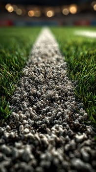Details of a football pitch showing a close-up of a white line on the surface as grass borders the path during match preparations photo