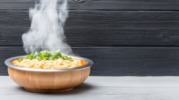 Steaming hot noodle soup in a wooden bowl garnished with fresh green onions on a dark wooden background for delicious comfort food imagery photo