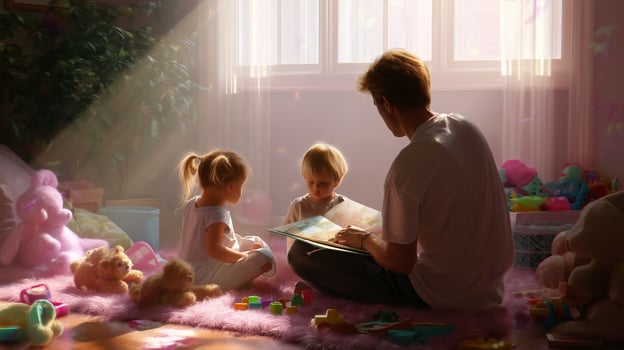 Father reading a story to his children in a cozy playroom filled with toys during the afternoon photo