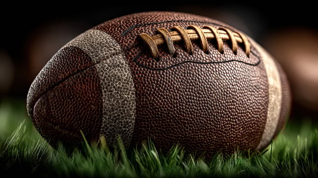 Classic brown football resting on green grass, ready for action during a game under bright stadium lights photo