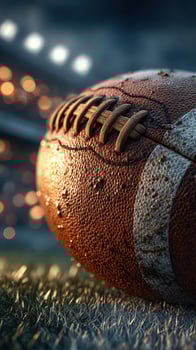 Football resting on grass with stadium lights in the background during a game night photo
