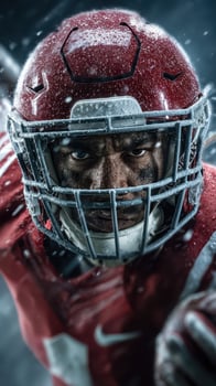 Dynamic football player showcasing intensity during a rain-soaked game in a stadium under dramatic lighting photo