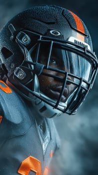 Football player wearing a helmet in an intense moment during an evening match with dramatic lighting and focus on determination photo