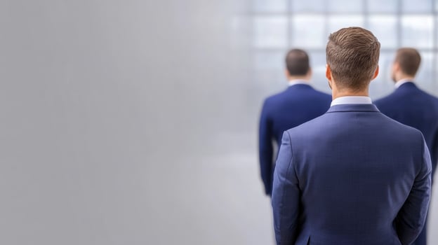 Group of Business Professionals in Formal Attire Standing in Line or Queue in Corporate Office or Conference Setting Du a Business Event or Meeting photo