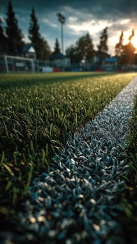 Grass field at sunset showcases vibrant turf and goalpost in local sports area photo