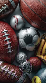 Various sports equipment arranged together showcasing football, baseball, soccer, and basketball in a vibrant collection photo