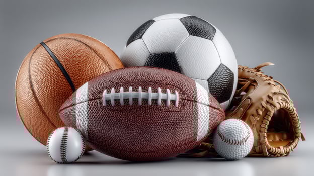 Various sports balls displayed together with a baseball glove on a neutral background showcasing athletic equipment diversity photo