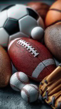 Variety of sports balls arranged artistically showcasing soccer, football, baseball, and basketball in a creative composition photo