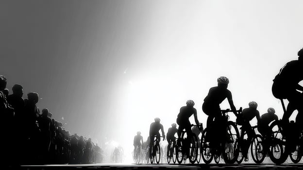 Cyclists competing in a race under a dramatic foggy atmosphere with enthusiastic spectators on the roadside photo