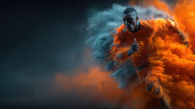 Runner sprints through vibrant colored clouds during a dynamic athletic competition in a darkened atmosphere photo