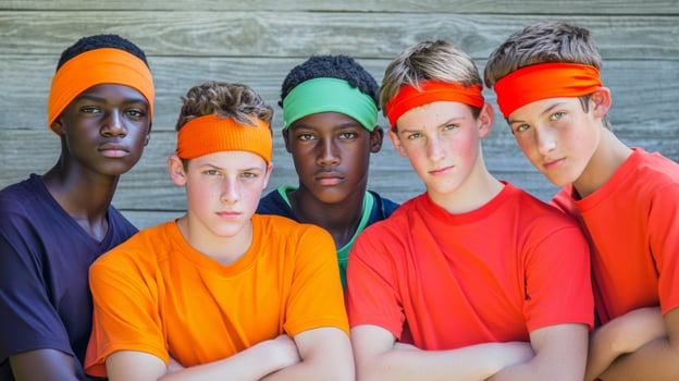 Group of boys wearing headbands and colorful shirts pose together outdoors during a summer camp activity photo