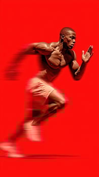 Dynamic sprinting athlete in motion against vibrant red background during a training session photo