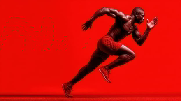 Dynamic male athlete sprinting against a striking red background showcasing strength and speed during a training session photo