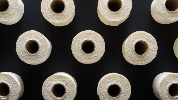 Exploring the detailed arrangement of toilet paper rolls on a black surface in a domestic setting photo