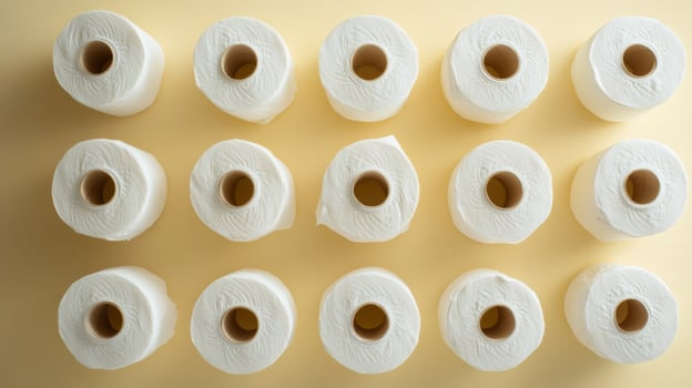 Creative arrangement of white toilet paper rolls on a yellow background showcasing essential household supplies photo