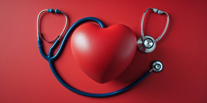 Symbolizing healthcare with a red heart and stethoscopes on a vibrant backdrop emphasizing health awareness photo
