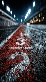 Nighttime view of a racetrack with bright lights illuminating the starting line and blurred crowd in the background photo