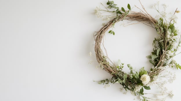 Beautiful natural wreath made with fresh greenery and flowers for home decoration during spring or summer photo