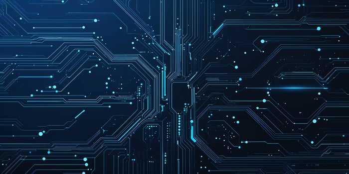 Circuit board design showcasing intricate patterns and glowing elements in a dark background photo