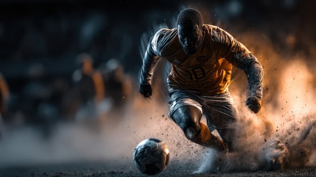 Intense soccer player sprinting on a dusty field during a competitive match at sunset photo