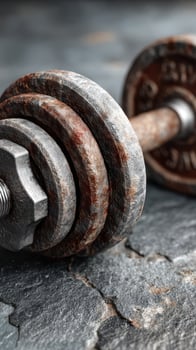Rusty dumbbell on cracked gray surface, symbolizing strength and perseverance in fitness routine photo