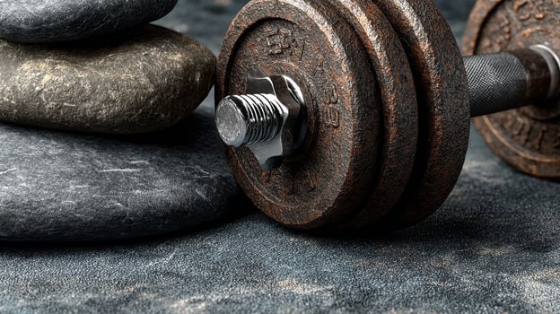 Weights and stones resting together on a textured surface in a quiet indoor setting photo