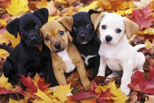 Playful puppies enjoying autumn leaves in a vibrant, colorful setting, showcasing their unique fur and adorable expressions photo