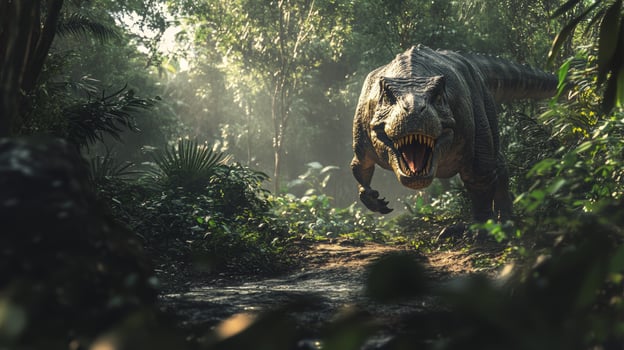 Dinosaur roams through a dense jungle, showcasing vibrant foliage and a mysterious, prehistoric atmosphere at dawn photo